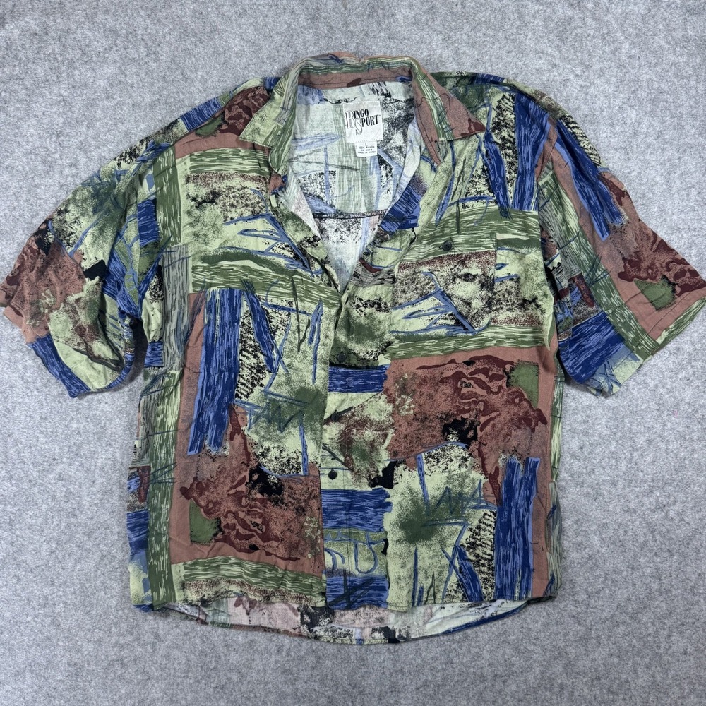 Ringo Sport Abstract Print Button Down Shirt Large Multicolor 100% Rayon Vintage